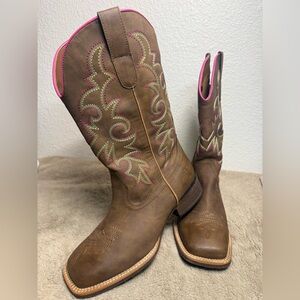 Women’s Brown Western Combat Boots with Pink & Lime Stitching